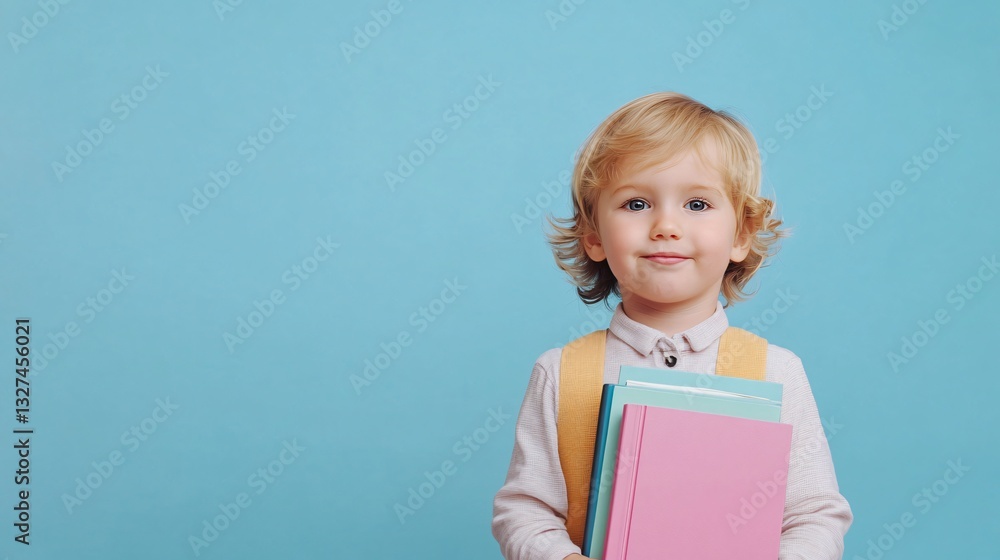 Cheerful child holding notebook, young boy with curly hair smiling against bright blue background, perfect for education themes. Cheerful child holding notebook, young boy with curly hair smiling against bright blue background, perfect for education themes.