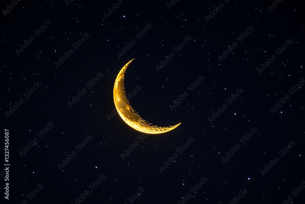A Bright Golden Crescent Moon Shines Against a Starry Night Sky A Bright Golden Crescent Moon Shines Against a Starry Night Sky