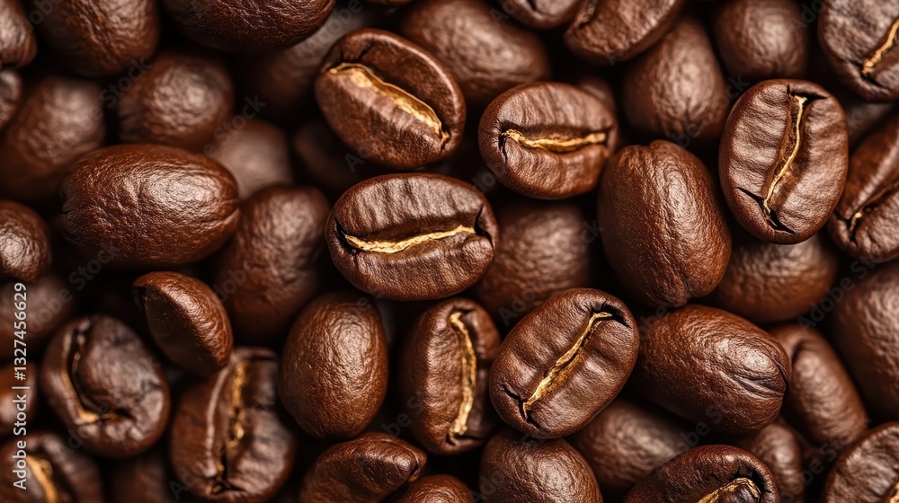 Fototapeta premium A close-up view of rich, chocolate-brown coffee beans perfectly roasted, highlighting their textured surface and unique shapes, perfect for coffee enthusiasts.