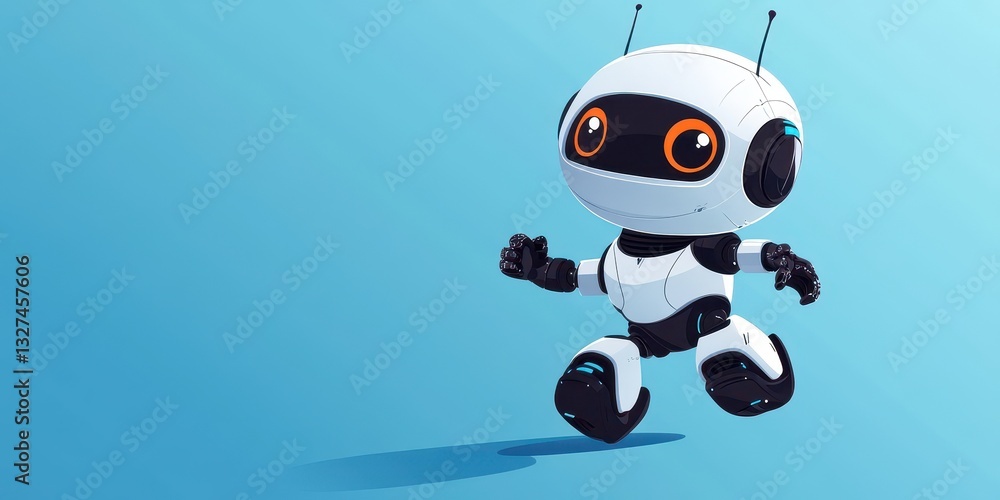 An adorable cartoon robot is happily running across the blue surface An adorable cartoon robot is happily running across the blue surface