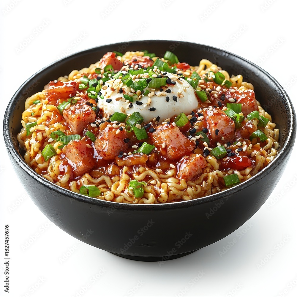 Delicious bowl of food featuring fresh ingredients and artistic presentation isolated on a bright white background Delicious bowl of food featuring fresh ingredients and artistic presentation isolated on a bright white background