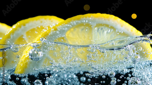 Refreshing citrus texture with lemon slices and bubbles for beverage design