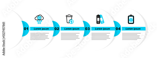 Set line Battery with recycle, Lightning trash can and Acid rain and radioactive cloud icon. Vector