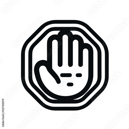 Stop hand gesture icon in black and white, cautionary representation