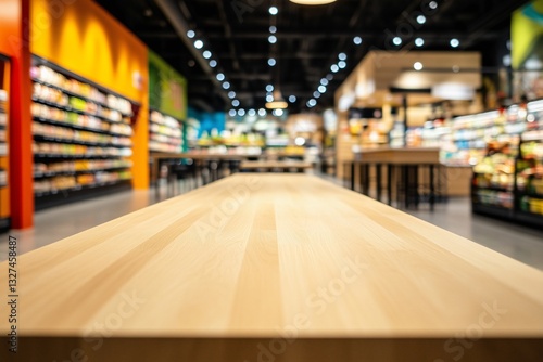 Wallpaper Mural Blurred view of a modern supermarket interior with an empty wooden table in the foreground. showcasing products, branding, or advertising retail and grocery-related concepts Torontodigital.ca