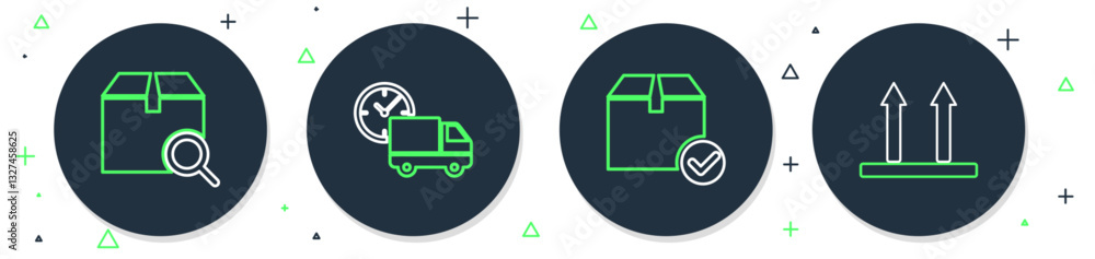 Set line Delivery truck and clock, Package box with check mark, Search package and This side up icon. Vector Set line Delivery truck and clock, Package box with check mark, Search package and This side up icon. Vector