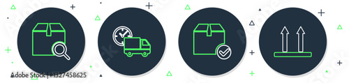 Set line Delivery truck and clock, Package box with check mark, Search package and This side up icon. Vector