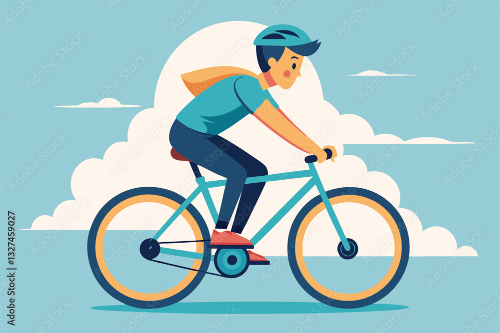 Fototapeta premium A young boy pedals confidently on a bicycle against a bright blue sky adorned with clouds, Teenage boy rides bicycle and pedals,