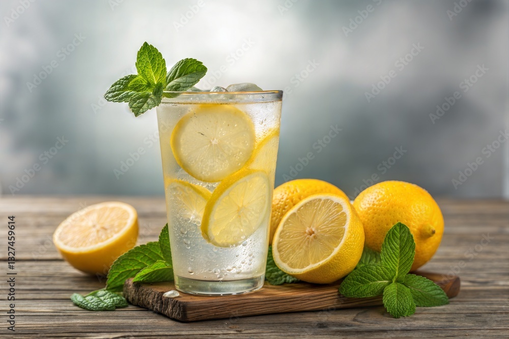 Mojito cocktail on wooden table / Lemon water with fresh mint leaves and lemon slices Mojito cocktail on wooden table / Lemon water with fresh mint leaves and lemon slices