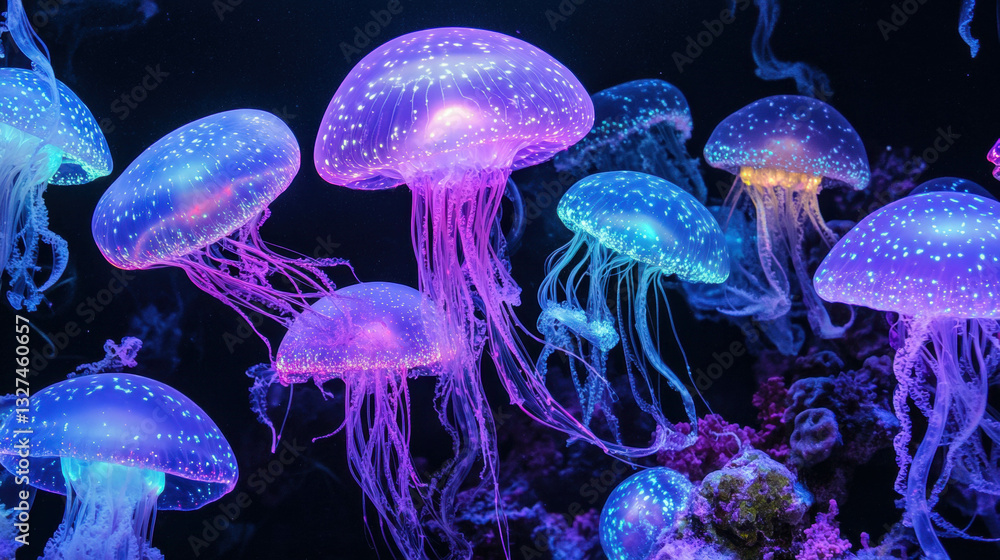 Vibrant bioluminescent jellyfish in underwater ocean scene Vibrant bioluminescent jellyfish in underwater ocean scene