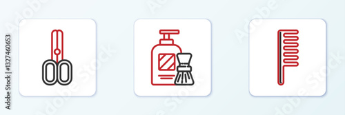 Set line Hairbrush, Scissors hairdresser and Shaving gel foam and icon. Vector