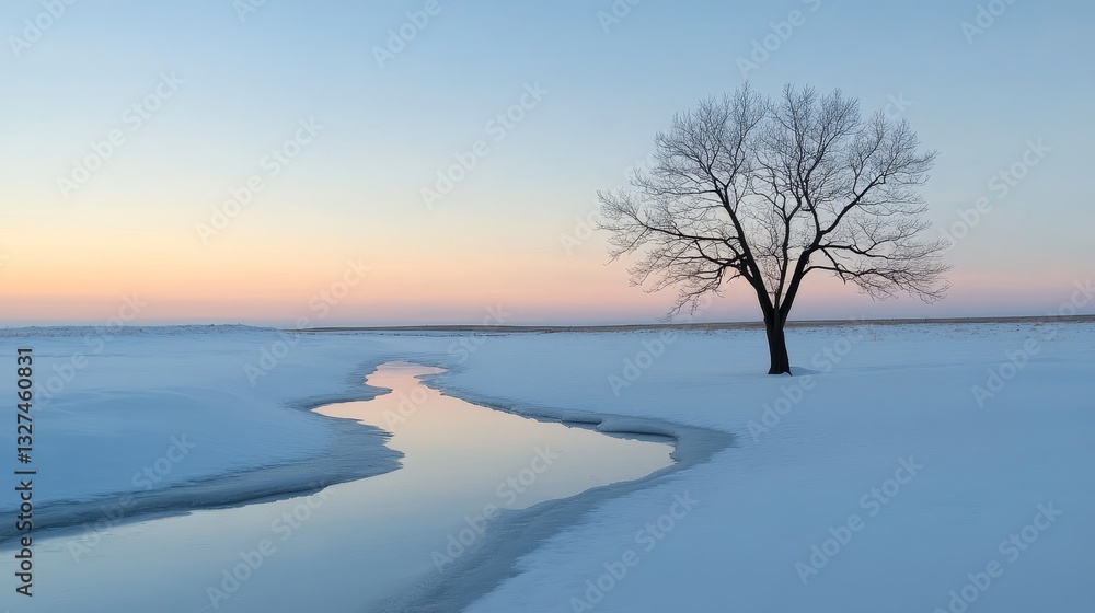 Winter Solitude: Frozen Stream and Bare Tree - Serene winter landscape, a lone bare tree stands beside a frozen stream at sunset. Symbolizing peace, solitude, resilience, the passage of time Winter Solitude: Frozen Stream and Bare Tree - Serene winter landscape, a lone bare tree stands beside a frozen stream at sunset. Symbolizing peace, solitude, resilience, the passage of time