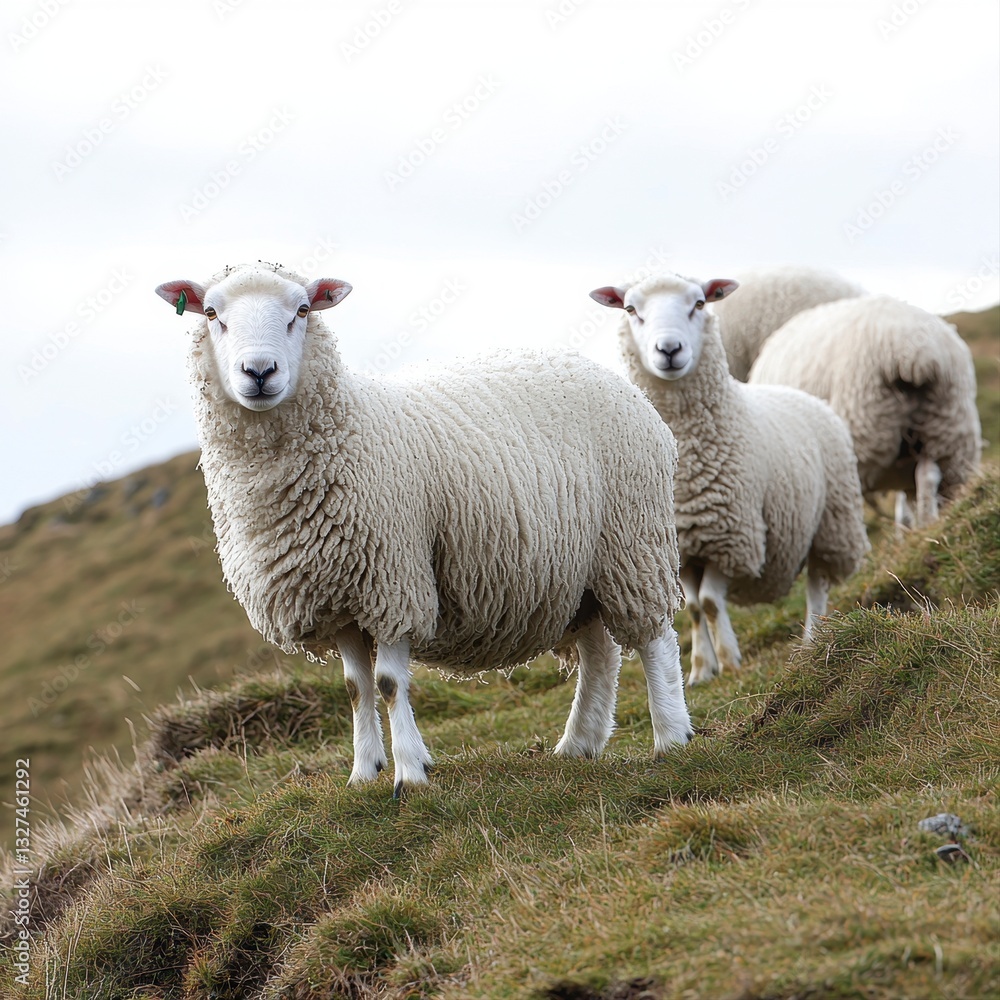 Two sheep grazing peacefully on a hilltop with a serene backdrop of rolling green pastures under a clear sky Two sheep grazing peacefully on a hilltop with a serene backdrop of rolling green pastures under a clear sky