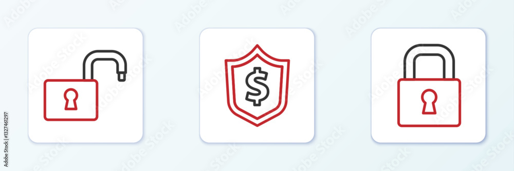 Set line Lock, Open padlock and Shield with dollar icon. Vector Set line Lock, Open padlock and Shield with dollar icon. Vector