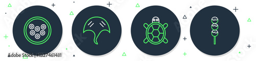 Set line Stingray, Turtle, Caviar on plate and Takoyaki stick icon. Vector