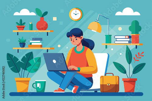 A young individual focuses on their laptop while surrounded by plants and a warm atmosphere, Telecommuting Customizable Semi Flat Illustration