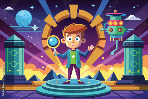 A cheerful boy holds a magnifying glass on a stage, ready for a teleportation adventure in a vibrant setting, Teleportation Customizable Cartoon Illustration