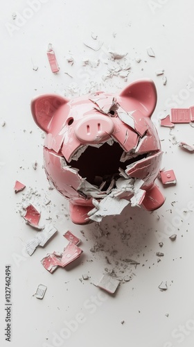 A pink piggy bank lies broken with shattered pieces surrounding it, symbolizing financial loss or the breaking of savings.