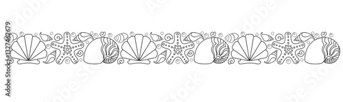 Marine seamless vector border for coloring book. Seamless adhesive tape tape from shells and starfish - a template for the design of antistress coloring sheets. Outline. Hand drawing.	