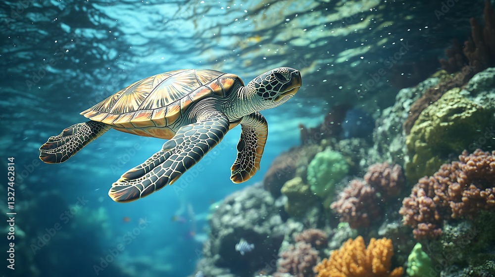 Obraz premium A turtle swimming in the ocean near a coral reef on Earth Day. 
