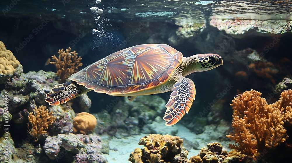 Obraz premium A turtle swimming in the ocean near a coral reef on Earth Day. 