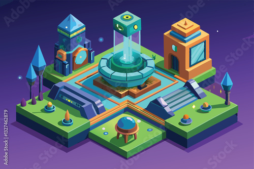 A futuristic teleportation hub showcases customizable isometric designs amidst a colorful landscape, Teleportation Customizable Isometric Illustration