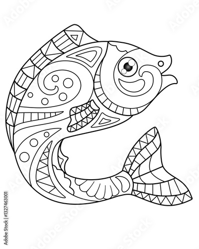 Fish coloring antistress. Gracefully curved fish - linear vector illustration for coloring. Outline. Fish - an element for a coloring book antistress about the sea. Print and colorize.	