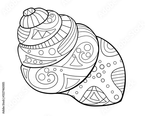 Swirling cone-shaped shell with a marine pattern - antistress coloring book - vector linear picture for coloring. Outline. Marine coloring - clam in a shell with patterns for coloring.	