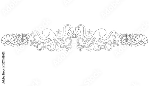 Symmetrical vector sea coloring antistress with octopuses, shells, mollusks, starfish and a scallop shell with a large pearl. Vector linear picture with the inhabitants of the ocean. Outline.	