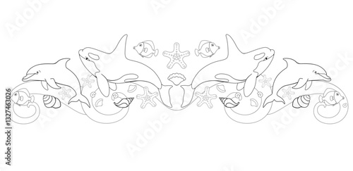 Symmetrical children's coloring with sea inhabitants - killer whales, dolphins, fish, shells and starfish in the waves. Marine vector coloring antistress. Linear picture about the ocean. Outline.	