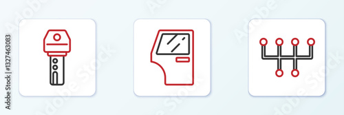 Set line Gear shifter, Car key with remote and door icon. Vector