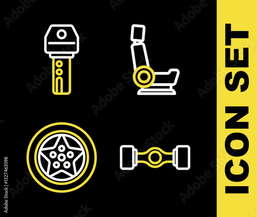 Set line Car seat, Chassis car, wheel and key with remote icon. Vector