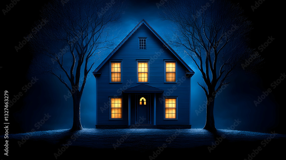 Haunted house at night, lit windows Haunted house at night, lit windows