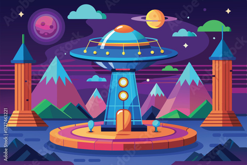 A futuristic teleportation device stands in a colorful landscape with mountains and celestial bodies above, Teleportation Customizable Semi Flat Illustration