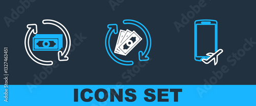 Set line Flight mode in the mobile, Refund money and icon. Vector