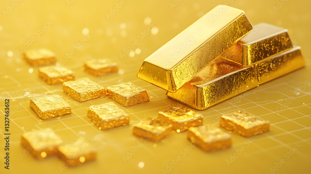 Falling Gold Bars Graph on Yellow Background Depicting Declining Commodity Trading and Investment Risk