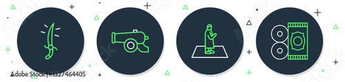 Set line Ramadan cannon, Muslim man prays, Arabian saber and Traditional carpet icon. Vector
