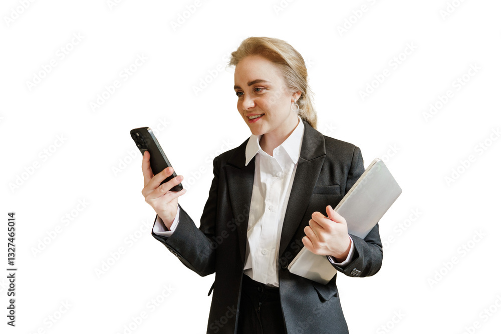 Business professional engaged in conversation while holding a laptop and smartphone in a modern setting Business professional engaged in conversation while holding a laptop and smartphone in a modern setting