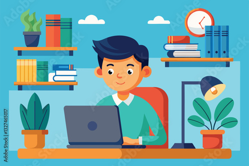 A young individual is engaged in telework at a vibrant desk adorned with books and plants, Telework Customizable Cartoon Illustration