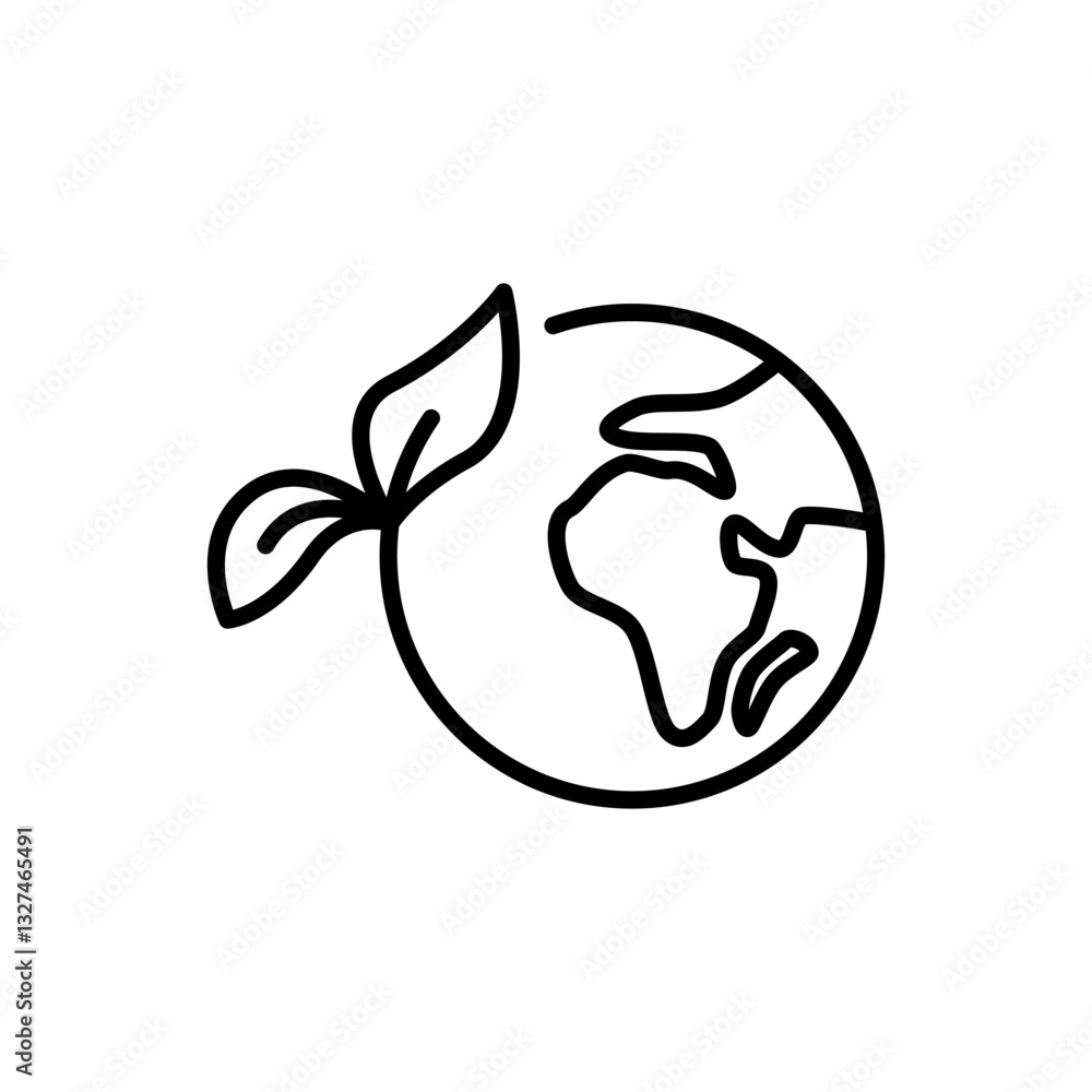 Fototapeta premium earth icon with leaves, green earth, eco friendly ecology icon, simple flat style, illustration, logo sign symbol pictogram template, for ui or ux isolated on white for mobile app, editable