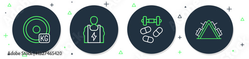 Set line Bodybuilder, Sports doping with dumbbell, Weight plate and Metal rack weight icon. Vector