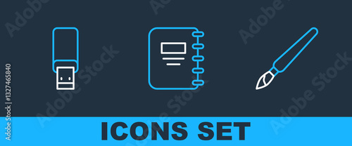 Set line Paint brush, USB flash drive and Notebook icon. Vector