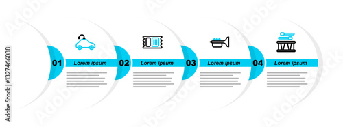 Set line Drum with drum sticks, Trumpet, Circus ticket and Radio controlled car toy icon. Vector