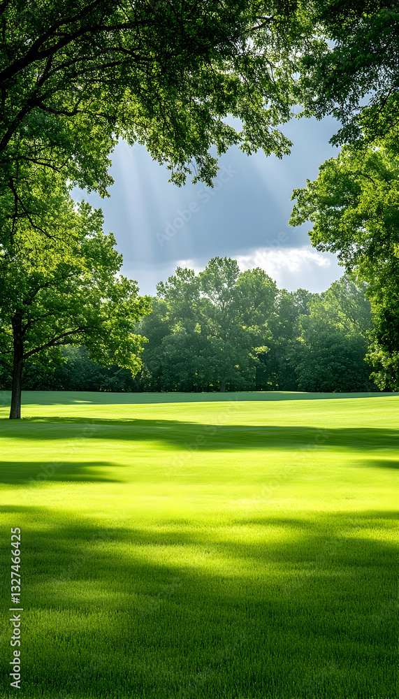 Lush green field bathed in sunlight through tree canopy Lush green field bathed in sunlight through tree canopy