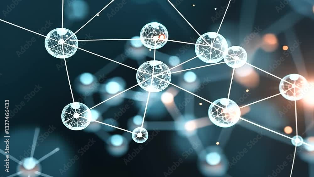 A floating D molecule model with clear spherical atoms linked by smooth, metallic rods, glowing with soft neon lights for a high-tech, futuristic aesthetic.