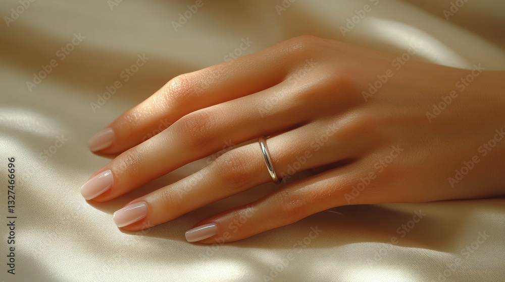 Fototapeta premium Simple silver ring on tan hand, soft light.