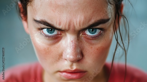 Close Up Portrait of a Sweaty Woman with an Intense Expression