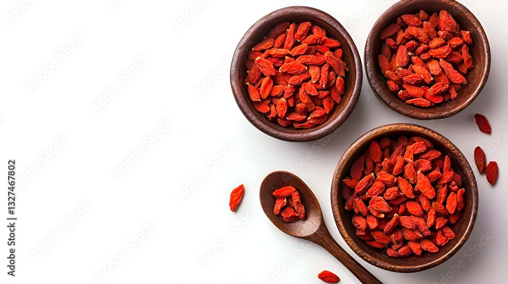 Fototapeta premium Bowls and spoon with dried goji berries on white