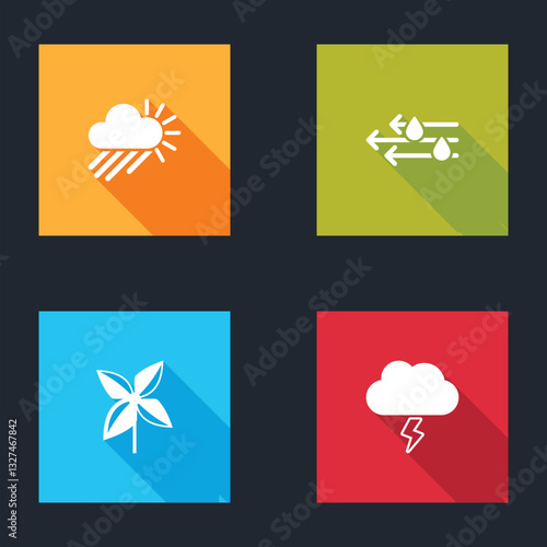 Set Cloudy with rain and sun, Wind, Pinwheel and Storm icon. Vector