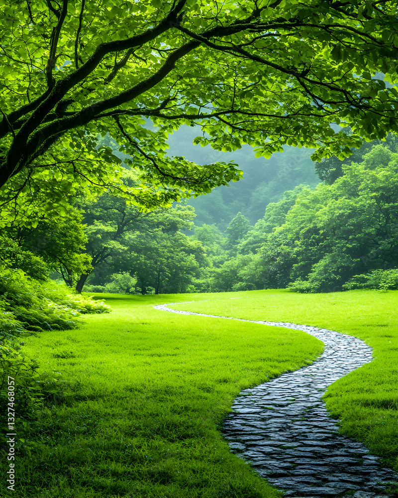 Naklejka premium Lush green pathway through a tranquil forest